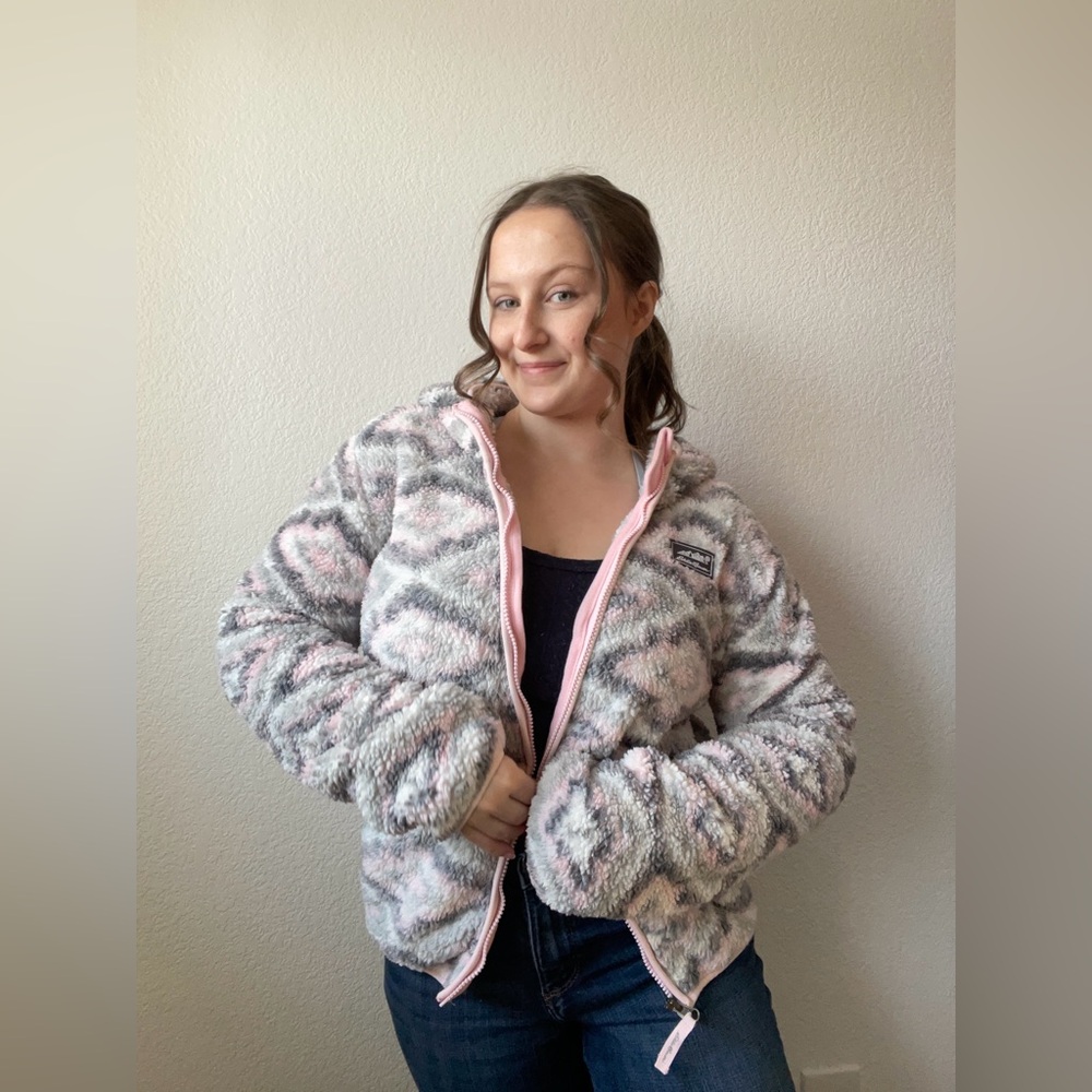 Eddie Bauer Pink & Grey Fuzzy Zip Up